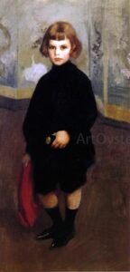 A painting of a person in black holding a red object.