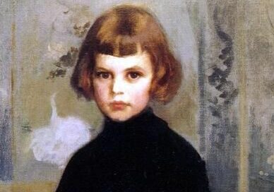 A painting of a young girl in black sweater.